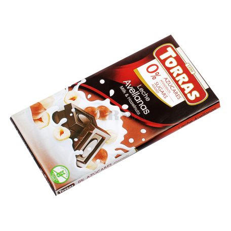 Շոկոլադե սալիկ «Torras» կաթնային, պնդուկ, առանց շաքար 75գ