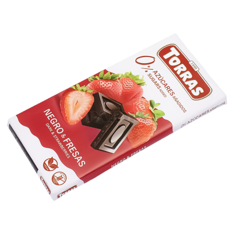 Шоколадная плитка "Torras" темная, клубника, без сахара 75г