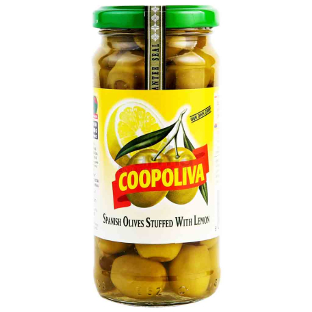 Оливки `Coopoliva` зеленые, фаршированные лимоном 235г