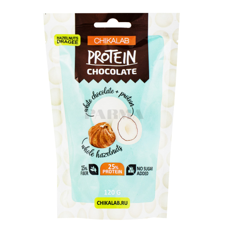 Դրաժե «Chikalab Protein» սպիտակ շոկոլադ, պնդուկ, առանց շաքար 120գ