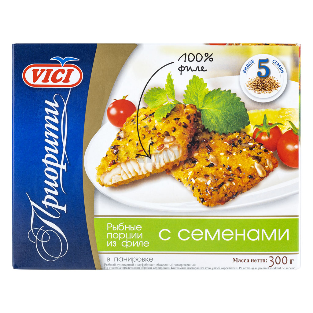 Рыбные порции из филе с семенами (полуфабрикат в панировке) карт/кор 1/300г vici приорити (4770190103299)